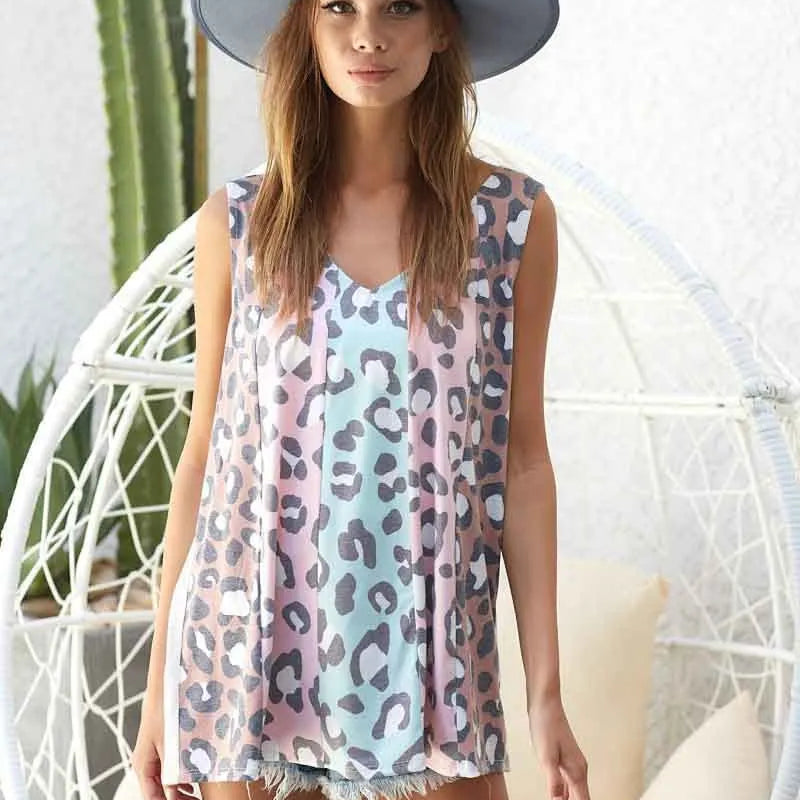 BiBi Leopard Printed Jersey Knit Color Block Sleeveless