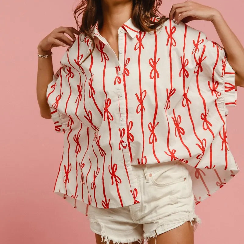 BiBi Bow Ribbon Woven Printed Button Down Shirt