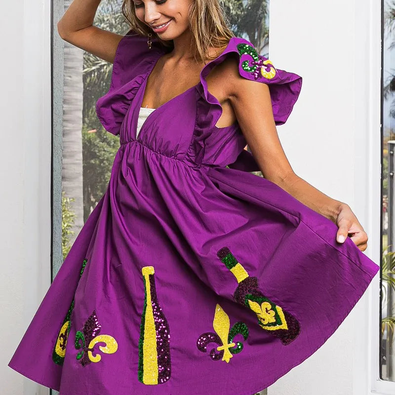 BiBi Mardi Gras Sequin Embroidery Ruffled Dress