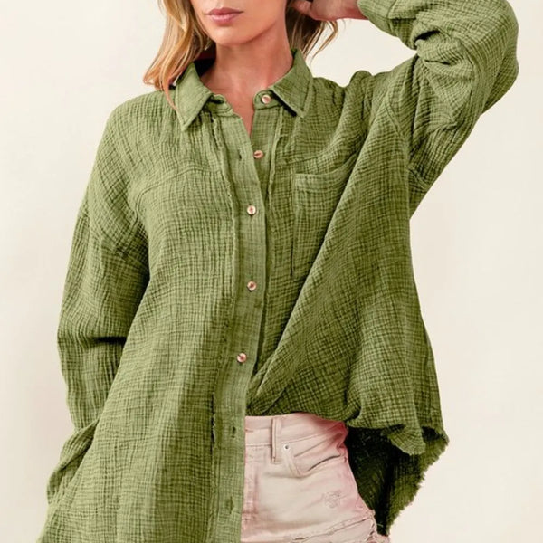 BiBi Raw Edge Detailed Mineral Washed Loose Fit Shirt in Olive