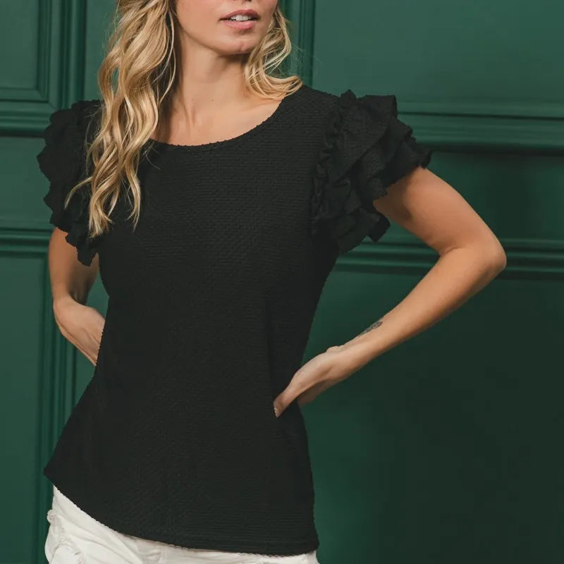 BiBi Birdseye Texture Layered Ruffle Top in Black