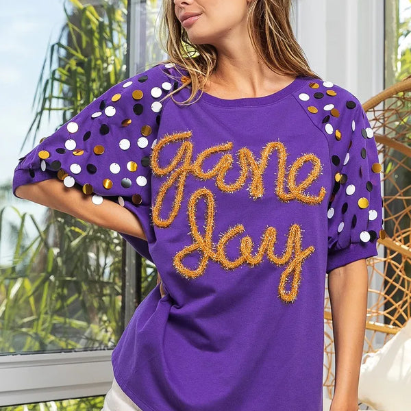 BiBi Game Day Metallic Letter Spangle Sleeve Top
