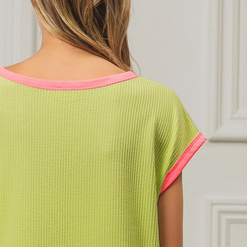 BiBi Cord Rib Knit Contrast Banded Top