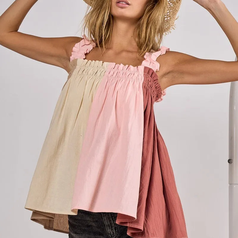 BiBi Frill Shoulder Strap Color Block Bodice Top
