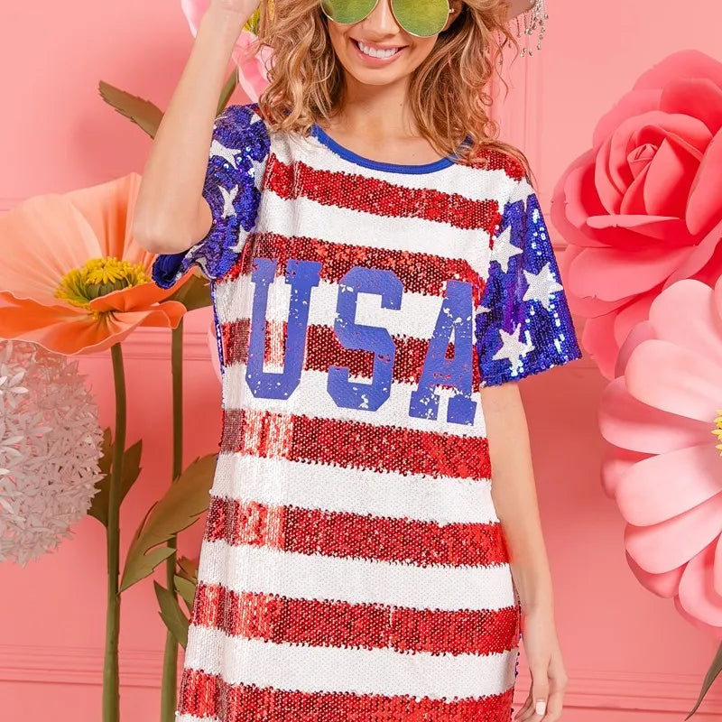 BiBi American Flag Theme Usa Print Sequin Dress