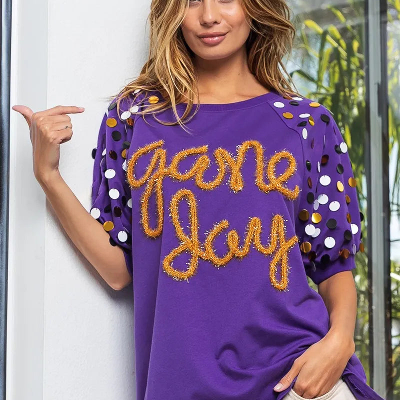 BiBi Game Day Metallic Letter Spangle Sleeve Top