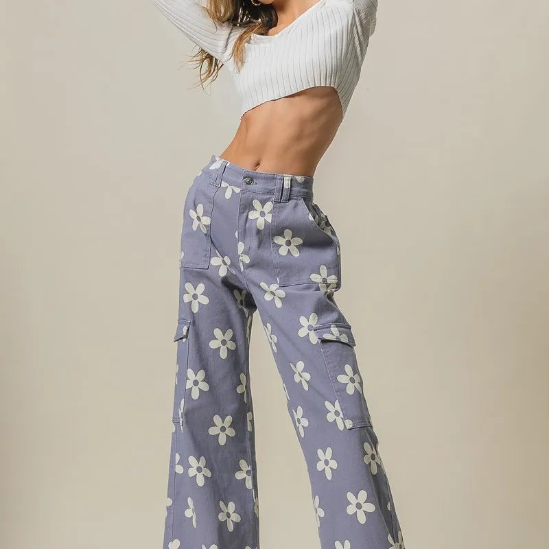 BiBi Flower Printed Side Pocket Wide Pants