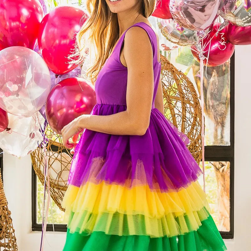 BiBi Mardi Gras Color Block Layered Mesh Tiered Dress