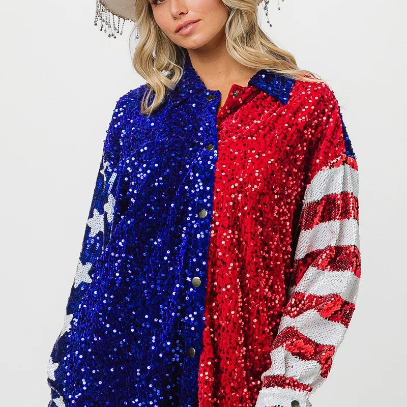 BiBi American Flag Sequin Snap Down Shirt