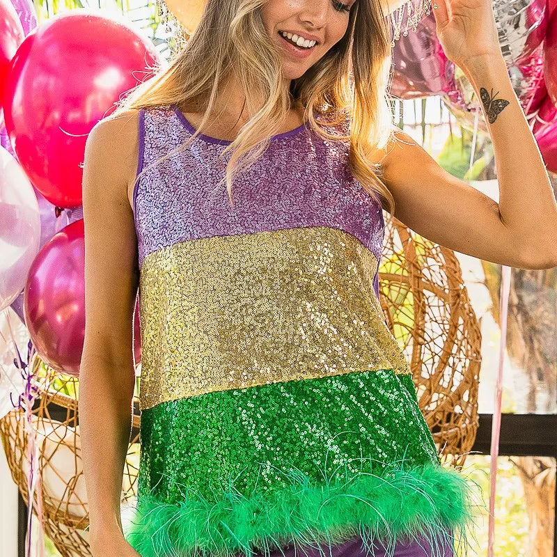 BiBi Mardi Gras Color Block Faux Feather Hem Sequin Top