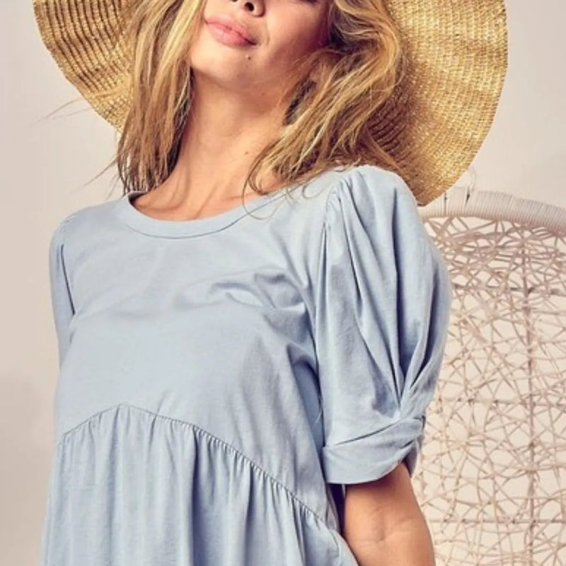 BiBi Cotton Span Knit with Puff Sleeve Baby Doll Top