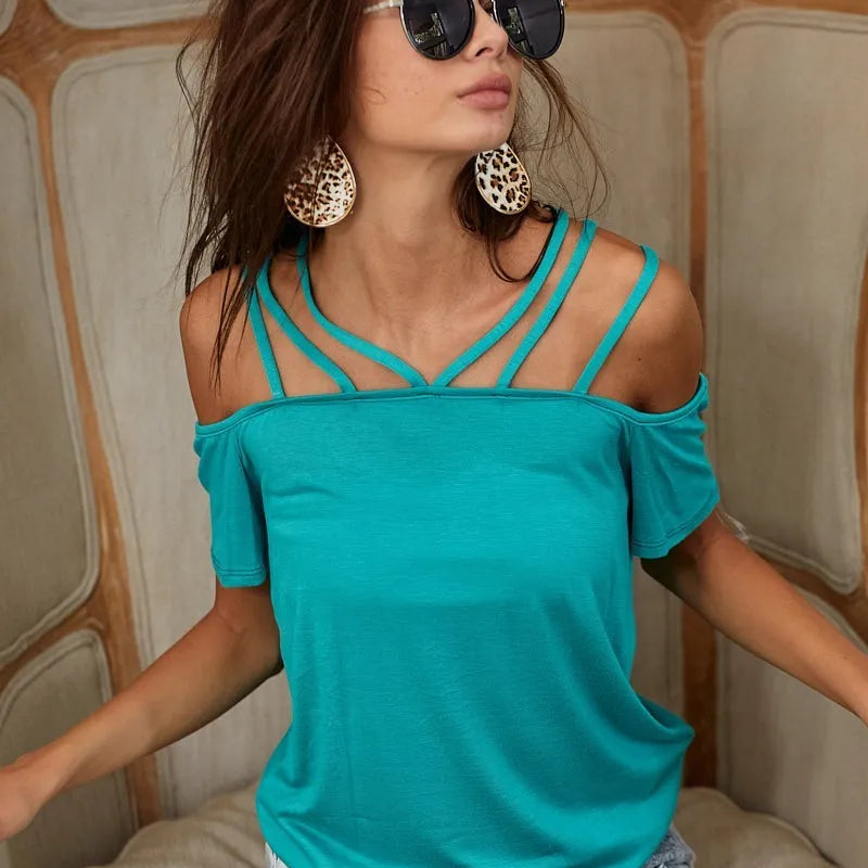 BiBi Rayon Span Jersey Lace Up Shoulder Detailed Top