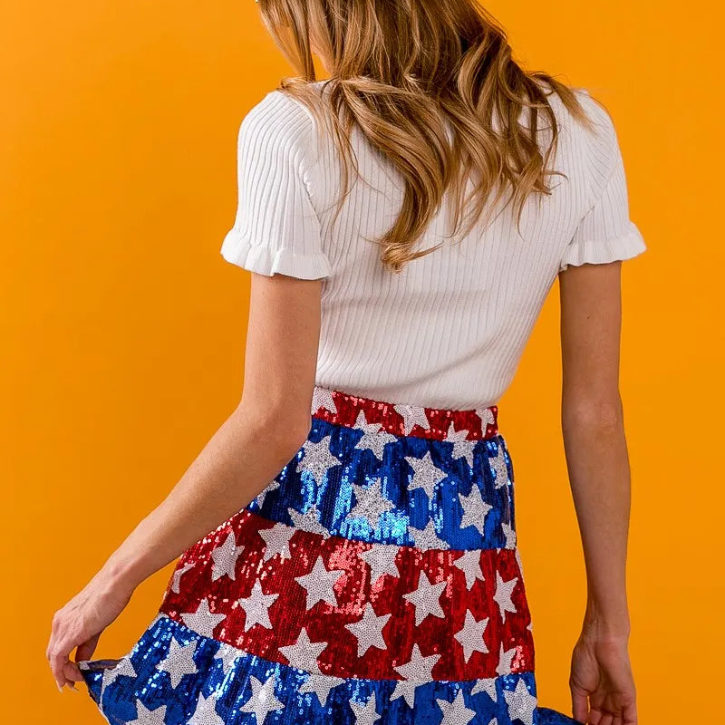 BiBi American Flag Theme Star Sequin Tiered Skirt