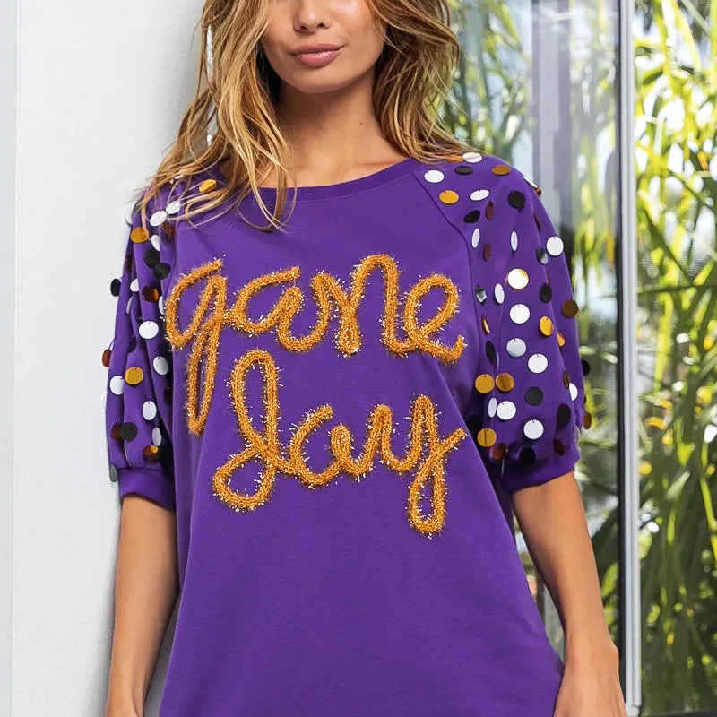 BiBi Game Day Metallic Letter Spangle Sleeve Top