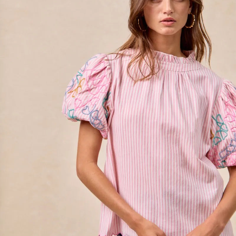 BiBi Embroidery Bubble Sleeve Top With Bottom Scallop Detail