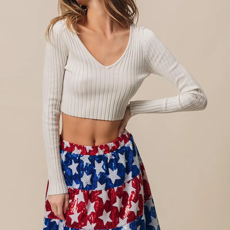 BiBi American Flag Theme Star Sequin Tiered Skirt