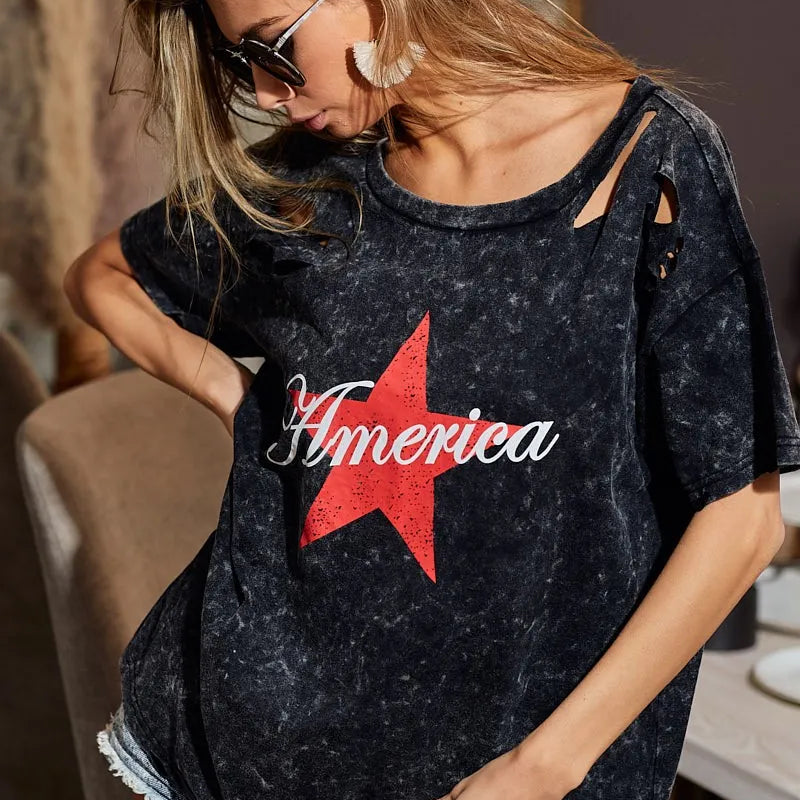 BiBi Laser Cut Mineral Washed Jersey Top with  America in Black