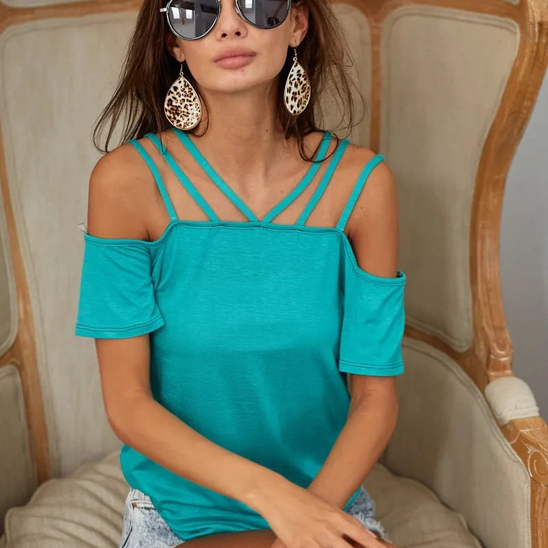BiBi Rayon Span Jersey Lace Up Shoulder Detailed Top in Teal