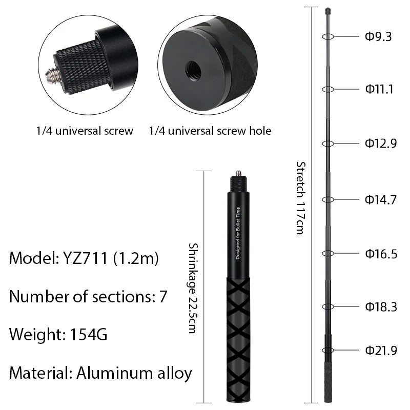 1.2m Ultra-Long Carbon Fiber Invisible Selfie Stick For Insta360 X3/X2/for DJI Action 3/GoPro Camera Invisible Selfie Stick
