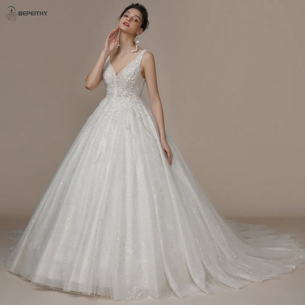BEPEITHY Bride Luxury V Neck Crystal Wedding Dresses 2023 Sleeveless Court Train Beading Exquisite Ivory Bridal Ball Gown Spring