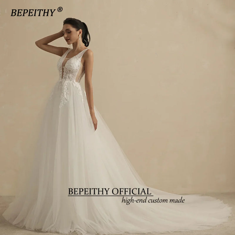 BEPEITHY Real Image Sexy Deep V Neck Wedding Dresses For Women 2022 Bride A Line Open Back Boho Bridal Party Gown Sleeveless