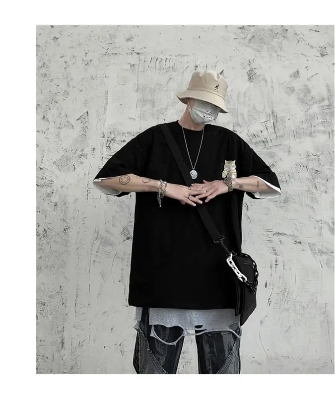 100% Cotton Men's T-shirts Japanese Style Cat Anime Graphic Tops Short Sleeve Summer Oversized Clothing O-neck Male Tees
