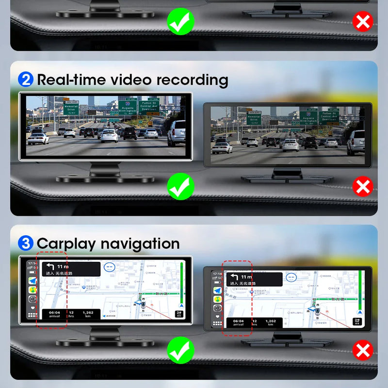 10/11.26 inch Dash Cam 4K Car DVR Wireless Carplay & Android Auto GPS Navigation Video Recorder Dashboard Dual Lens Wifi FM AUX
