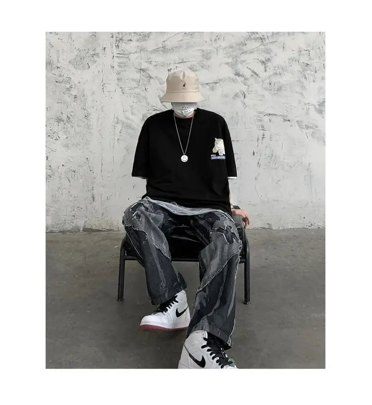 100% Cotton Men's T-shirts Japanese Style Cat Anime Graphic Tops Short Sleeve Summer Oversized Clothing O-neck Male Tees