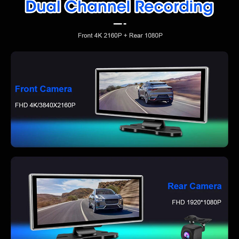 10/11.26 inch Dash Cam 4K Car DVR Wireless Carplay & Android Auto GPS Navigation Video Recorder Dashboard Dual Lens Wifi FM AUX