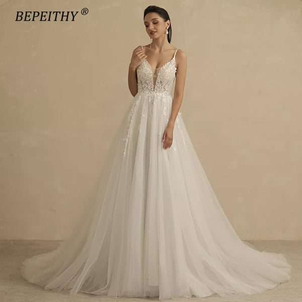 BEPEITHY Deep V Neck Spaghetti Straps A Line Lace Wedding Dresses For Women 2022 Glittler Sleeveless Boho Bridal Party Gown