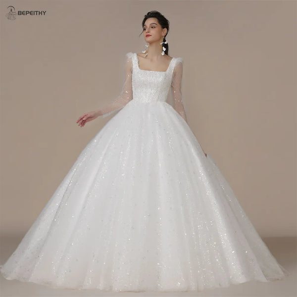 BEPEITHY Shinny Ivory Square Bride Wedding Dresses For Women Long Sleeves Glitter Open Back Bridal Modern Ball Gown 2023 Spring