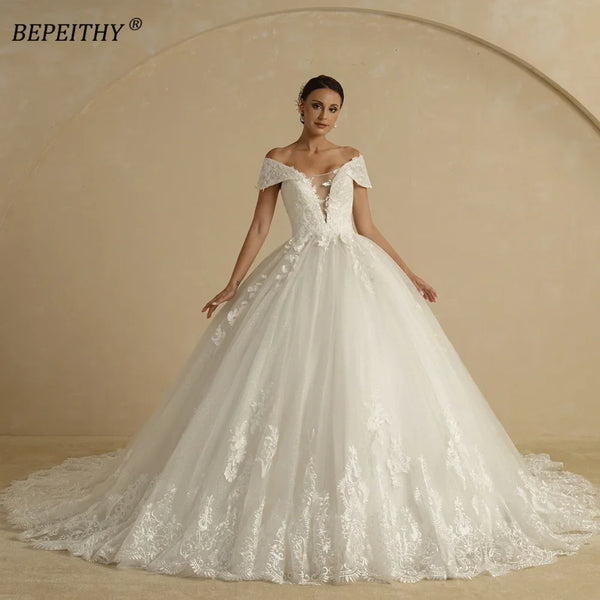 BEPEITHY Sexy Deep V Neck Ball Gown Wedding Dresses 2022 Bride Sleeveless Court Train Glitter Ivory Bridal Gowns For Women Hot