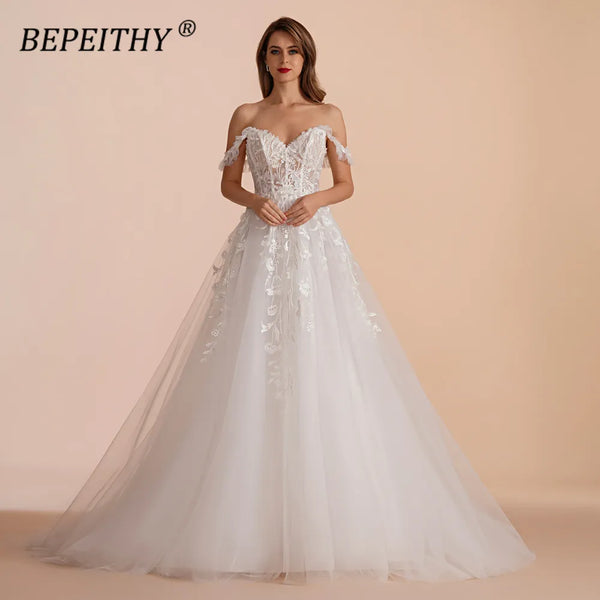 BEPEITHY A Line Sweetheart Bride Wedding Party Dresses 2023 Sleeveless Sweep Train Drop Shoulder Lace Ivory White Bridal Gown