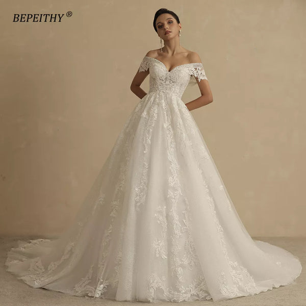 BEPEITHY Princess Glitter Wedding Dresses For Women 2022 Bride Romantic Lace Sleeveless Boho Bridal Gown France Robe De Soiree