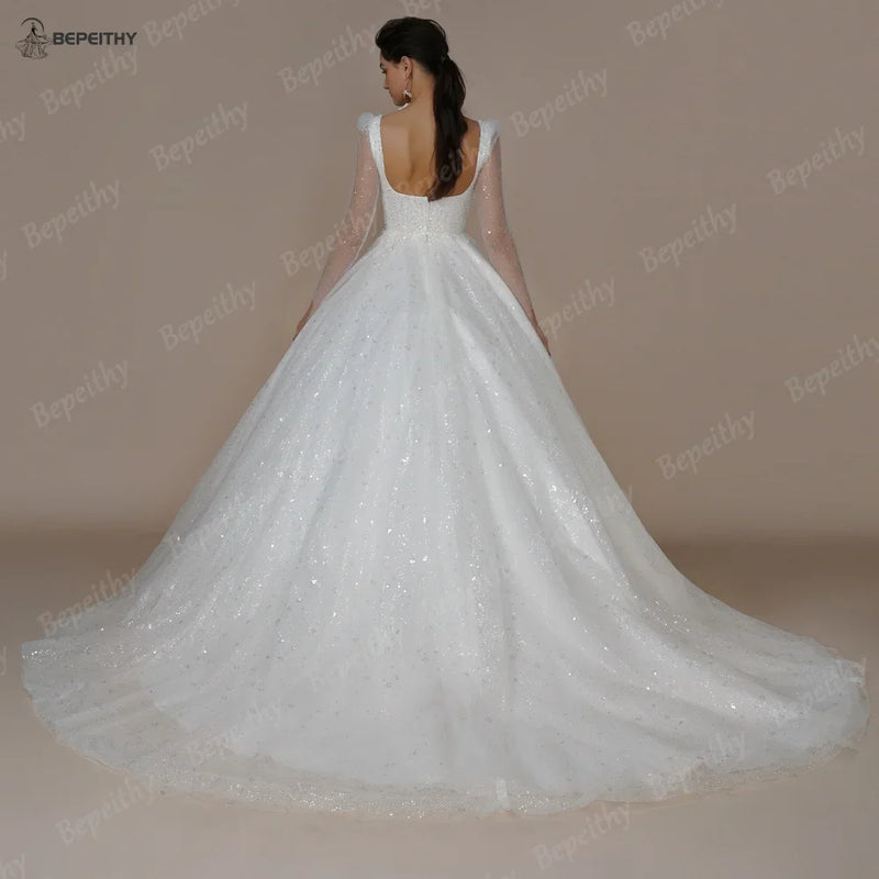 BEPEITHY Shinny Ivory Square Bride Wedding Dresses For Women Long Sleeves Glitter Open Back Bridal Modern Ball Gown 2023 Spring