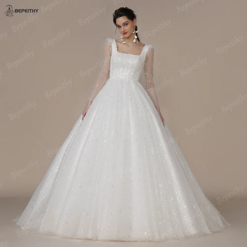 BEPEITHY Shinny Ivory Square Bride Wedding Dresses For Women Long Sleeves Glitter Open Back Bridal Modern Ball Gown 2023 Spring