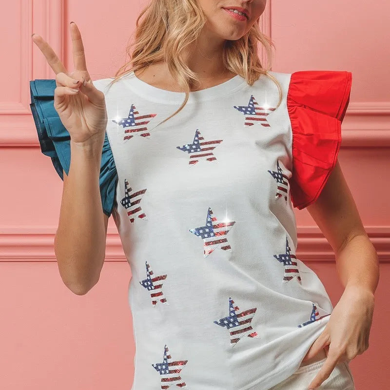 BiBi American Flag Sequin Stars Top
