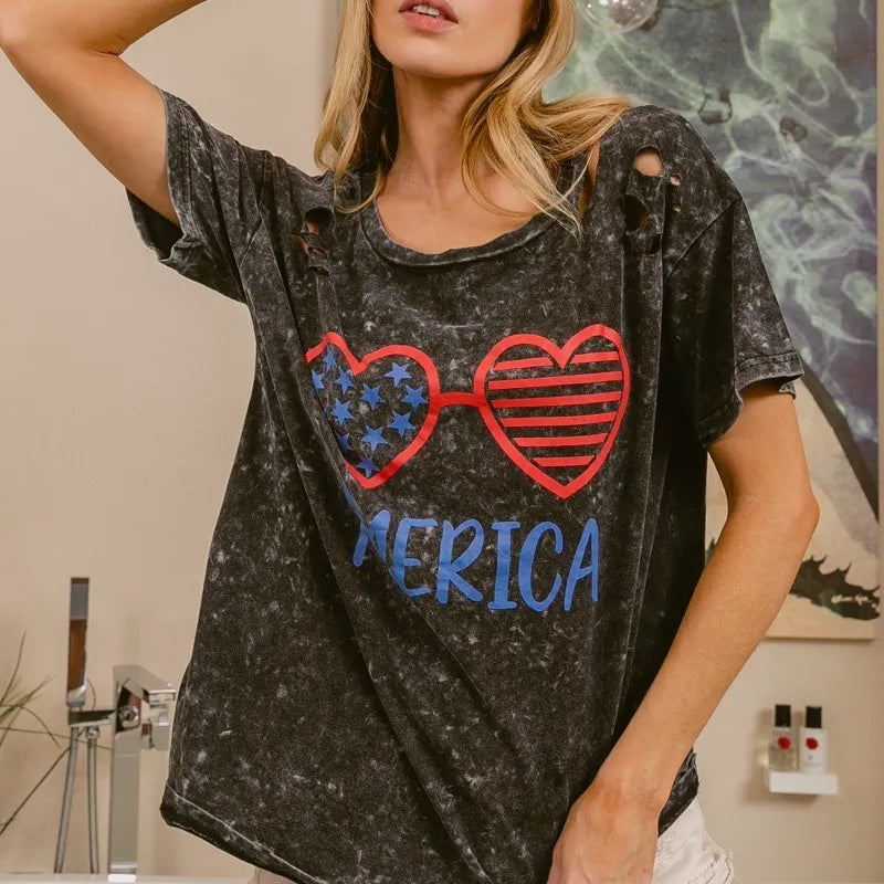 BiBi 4th Of July Theme Mineral Washed Laser Cut Top