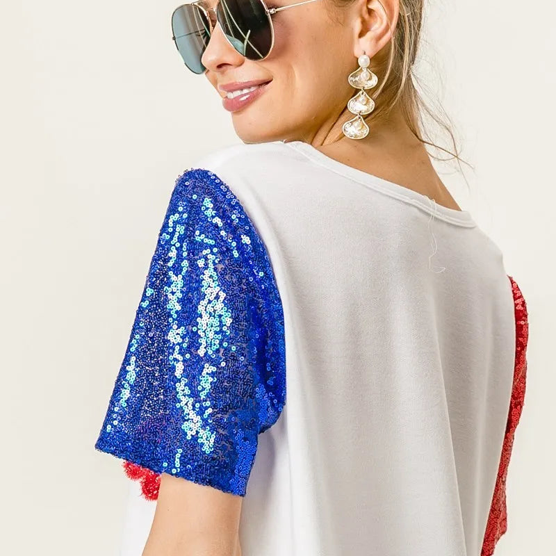 BiBi Metallic Letter V-neck Sequin Sleeves Top in Cream