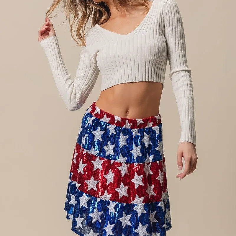 BiBi American Flag Theme Star Sequin Tiered Skirt