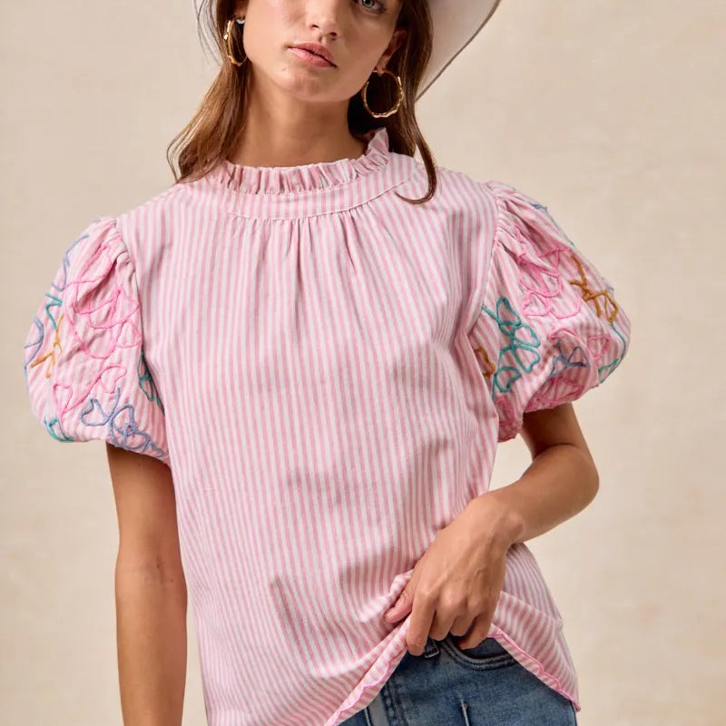 BiBi Embroidery Bubble Sleeve Top With Bottom Scallop Detail