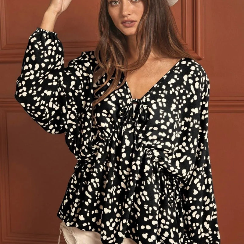 BiBi Leopard Woven Tied Spaghetti V Neck Lslv Top
