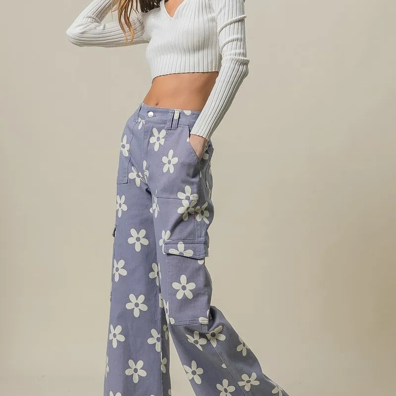 BiBi Flower Printed Side Pocket Wide Pants