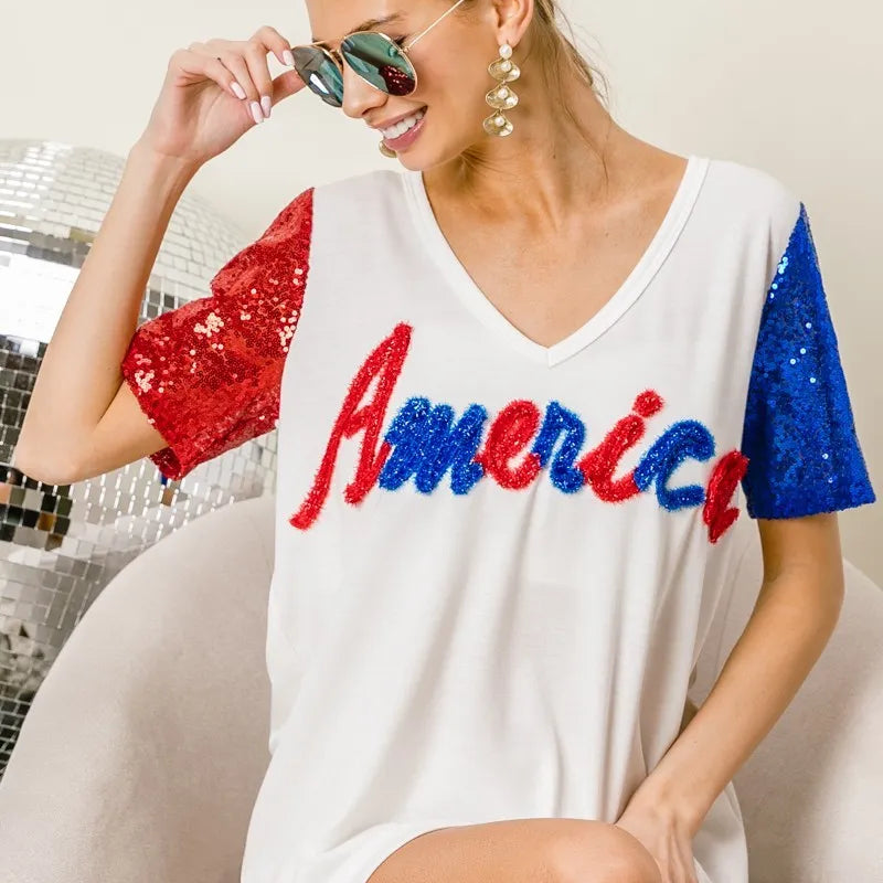 BiBi Metallic Letter V-neck Sequin Sleeves Top in Cream