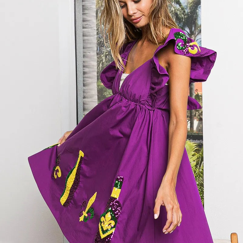 BiBi Mardi Gras Sequin Embroidery Ruffled Dress