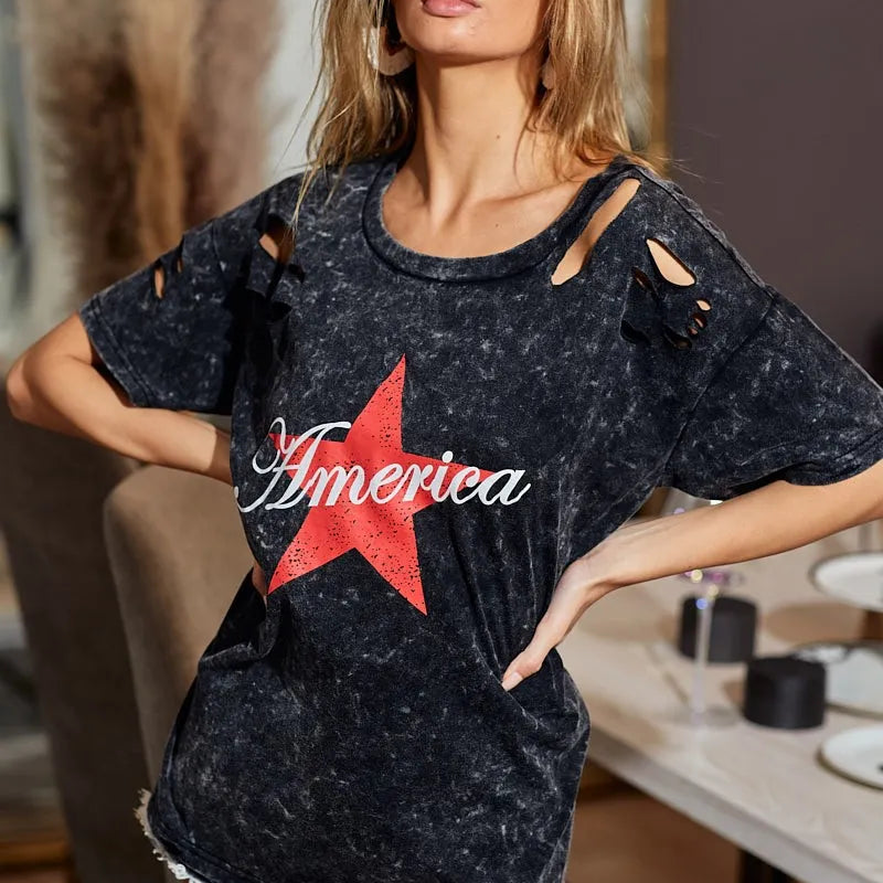 BiBi Laser Cut Mineral Washed Jersey Top with  America in Black