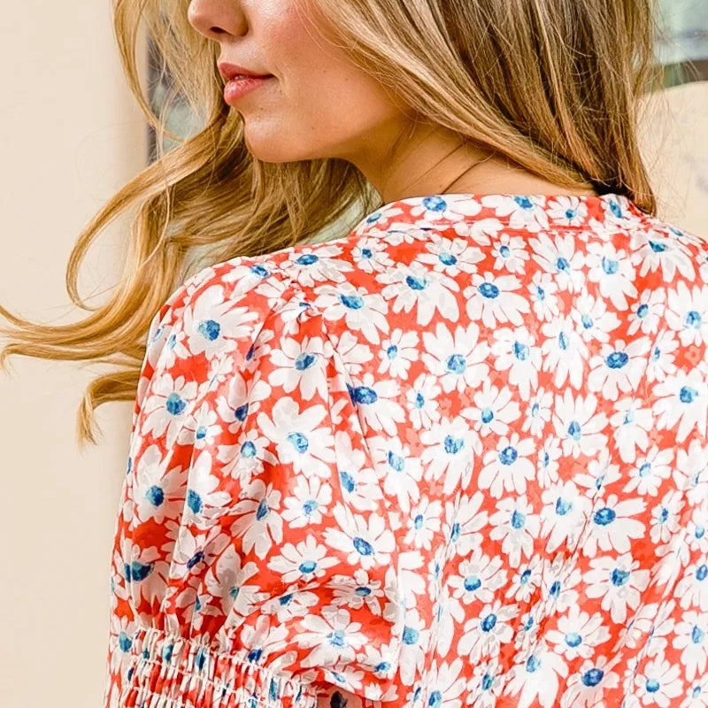 BiBi Floral Jqd Smoked Puff Sleeves V Neck Top