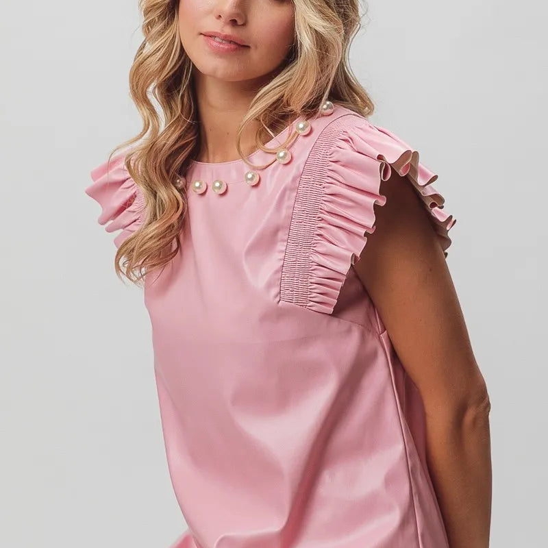 BiBi Leather Smocked Ruffled Top