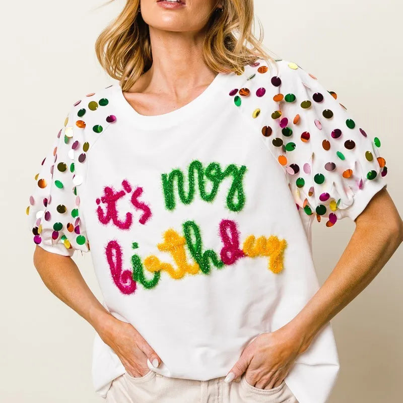 BiBi Metallic Letter Spangle Raglan Puff Sleeve Top