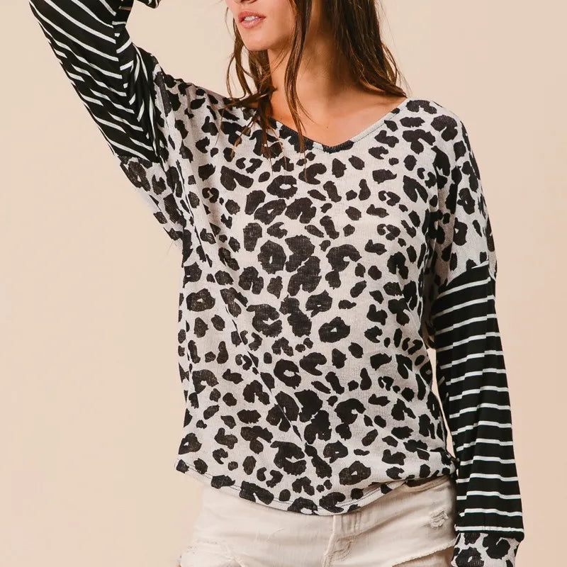 BiBi Leopard Hacci Knit Twist Back Top With Stripe Sleeve